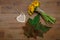 Posy of Yellow Dandelions,Heart Wish Card,Green Leaves.Garden`s