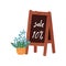 Pot with beautiful flower and wooden announcement chalkboard with sale text. Blooming plant for home decor. Flat vector