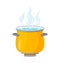 Pot with boil water. Pan with soup. Icon of cook food. Saucepan with hot steam on stove with fire. Flat cartoon cooking