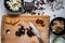 Pot cheese breackfast with chocolate, dried prune and homemade cake.