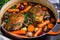 pot of Coq au Vin bubbling on the stove with tender chicken, carrots, and celery in a rich red wine sauce