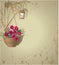 Pot of flowers and a lantern on a brown wall background.