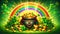 Pot of gold coins, clover leaves and rainbow on green background. St. Patrick's Day banner.