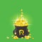 Pot of gold. Patricks Day greetings card. Patrick`s Day design with pot with golden coins. Can be used for holidays cards, web,