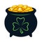 Pot of gold vector cartoon illustration. Black pot filled with sparkling golden coins, with shamrock clover sign on side. Irish,