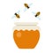 Pot of honey and flying bees flat isolated