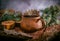 Pot of hot herbal tea, fir cones and paws of blue fir on wooden background