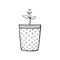 Pot with a plant sprout, seedlings. Hand drawn simple black outline vector illustration in doodle style, isolated. Design element