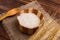 A pot of rice ground on a sackcloth napkin closde-up