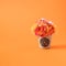 A pot with a spider and a spider`s web filled with colorful flowers. Creative Halloween concept on an orange background.