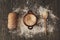 Pot with spoon cereals and bread on rustic background. View fr