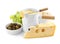 Pot of tasty cheese fondue and products isolated