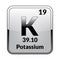 Potassium symbol.Chemical element of the periodic table on a glossy white background in a silver frame.Vector illustration
