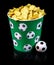 Potato chips in a classic bucket and a small soccer ball isolated on a black background.