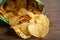Potato chips, delicious spicy for crips, thin slice deep fried snack fast food in open bag