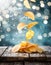 Potato chips falling down on an old rustic wooden table