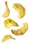 Potato chips isolated on an isolated white background. Levitating crisps.