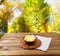 Potato chips and napkin,on wooden table on blurred park background.Tablecloth holiday concept