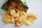 Potato chips in open bag, delicious BBQ seasoning spicy for crips, thin slice deep fried snack fast food in open bag