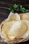 Potato chips (Potato crisps) on wooden table