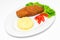 Potato with cutlet on a white plate with lettuce and tomatoes