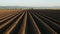 Potato field in early spring with sowing rows