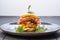 Potato fritter burger with chicken breast, bacon, cucumber and tomato