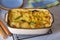 Potato gratin, side dish. Scalloped potatoes or potato bake. Healthy vegetarian dish.