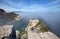 Potato Harbor overlook Santa Cruz Island w mist coming in under blue cirrus sky in the Channel Islands NP California US