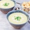Potato leek soup in blue ceramic bowl garnished with french cream and green onion, square format