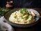 Potato mash with butter, fresh herbs in a ceramic bowl on a wooden table, dark background. Close up of delicious mashed potatoes.