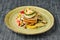 Potato pancakes with chicken, mushrooms, bell pepper and zucchini