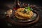 Potato pancakes with honey and herbs on a dark wooden background.