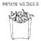 Potato Wedges in Paper Box. Fried Potato Fast Food in a Package. Realistic Hand Drawn Doodle Style Sketch. Vector