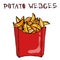 Potato Wedges in Paper Box. Fried Potato Fast Food in a Red Package. Realistic Hand Drawn Doodle Style Sketch.Vector