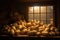 Potatoes in a basket on the windowsill of a country house, Artistic recreation of potatoes harvested in a storage with light