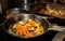 Potatoes, carrots and mushrooms being fried in pan