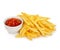 Potatoes fries with ketchup close-up isolated on a white background.