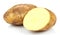 Potatoes half against whole unwashed ripe potato isolated on white background