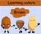 Potatoes, kiwi and walnut. Learn colors. Brown color. Vegetables. Cute character with hands and face. Card for teaching