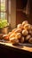 Potatoes near kitchen window in morning light, fresh produce, farm-to-table, cooking ingredients, organic, rustic setting