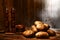 Potatoes on Old Wood Table in an Antique Kitchen