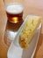 Potatoes omelette pincho de Tortilla de patata and cana (beer). Basque Country cuisine.