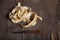 Potatoes peelings on old wooden background