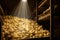 Potatoes in a wooden box in a warehouse, illuminated by sunlight, Artistic recreation of potatoes harvested in a storage with