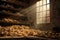 Potatoes on a wooden shelf in a factory with a large window, Artistic recreation of potatoes harvested in a storage with light