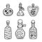 Potion bottle collection in hand drawn doodle style. Witch glass bottles with potion. Witchcraft halloween antidote