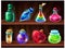 Potion bottles. Game alchemist liquids on wooden shelf, cartoon love potion, poison, magic elixir. Vector set of fantasy