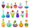 Potion bottles set. Magic elixir or alchemist poison, glass jars and flasks with colorful liquid cartoon vector