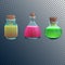 Potion bottles. Vector containers with liquid. Cartoon illustration